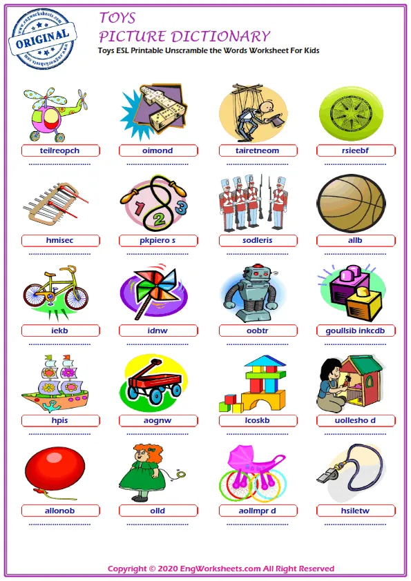 Toys ESL Printable Unscramble the Words Worksheet For Kids Worksheet Preview