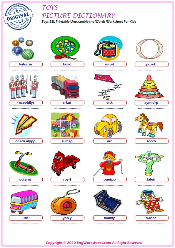 Toys ESL Printable Unscramble the Words Worksheet For Kids Worksheet Preview