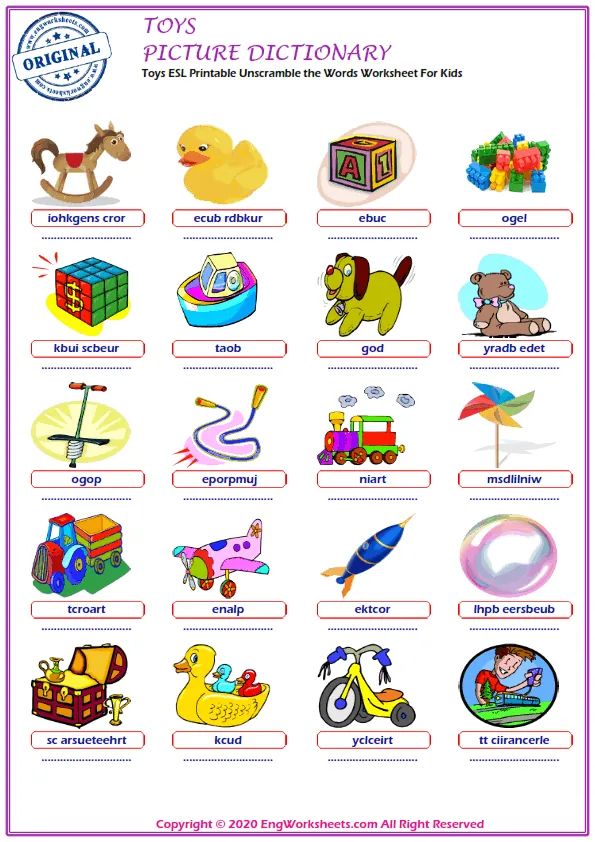 Toys ESL Printable Unscramble the Words Worksheet For Kids Worksheet Preview
