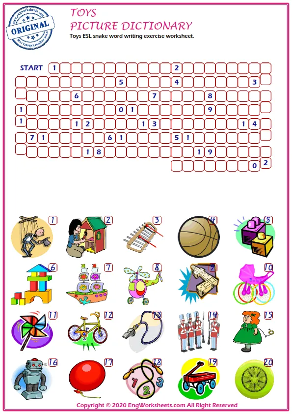 Toys ESL snake word writing exercise worksheet. Worksheet Preview