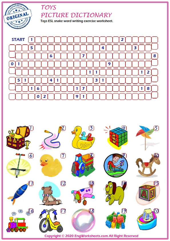 Toys ESL snake word writing exercise worksheet. Worksheet Preview