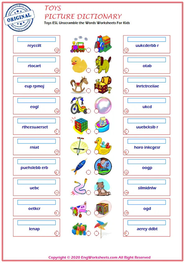 Toys ESL Unscramble the Words Worksheets For Kids Worksheet Preview