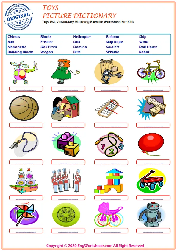Toys ESL Vocabulary Matching Exercise Worksheet For Kids Worksheet Preview