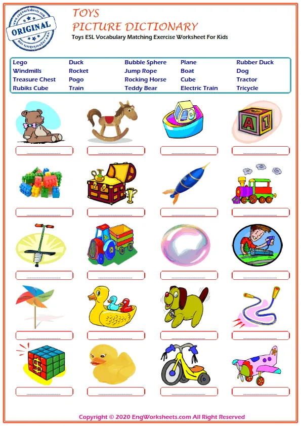 Toys ESL Vocabulary Matching Exercise Worksheet For Kids Worksheet Preview