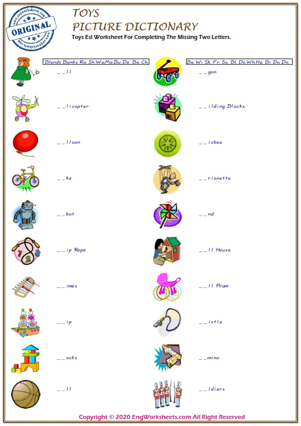 Toys Esl Worksheet For Completing The Missing Two Letters. Worksheet Preview