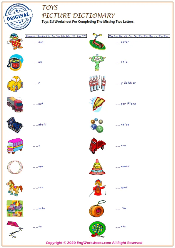 Toys Esl Worksheet For Completing The Missing Two Letters. Worksheet Preview