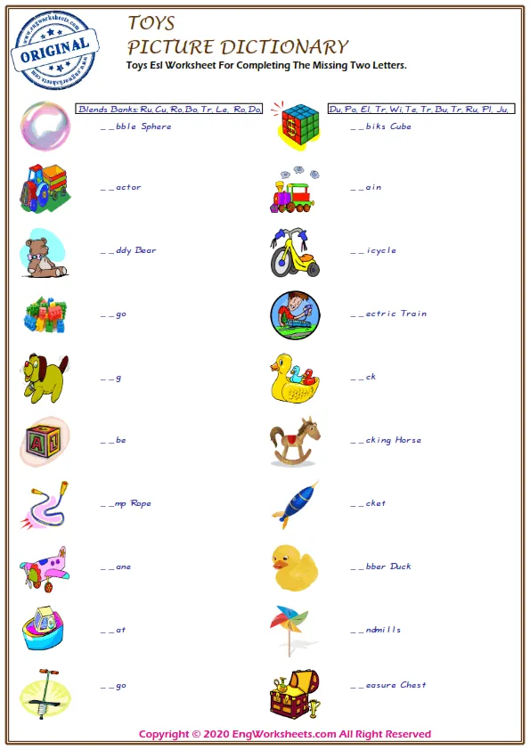 Toys Esl Worksheet For Completing The Missing Two Letters. Worksheet Preview