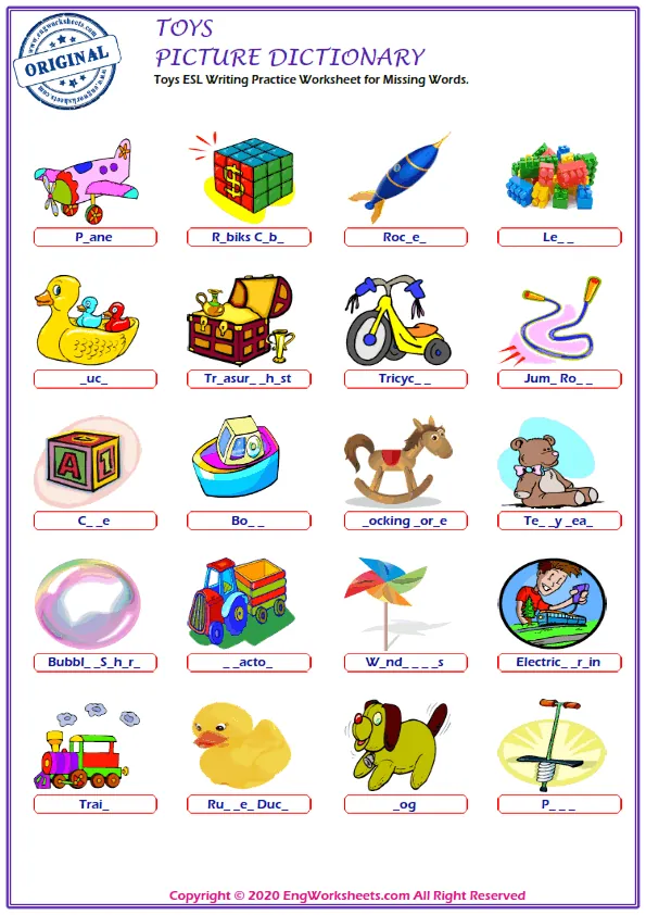Toys ESL Writing Practice Worksheet for Missing Words. Worksheet Preview