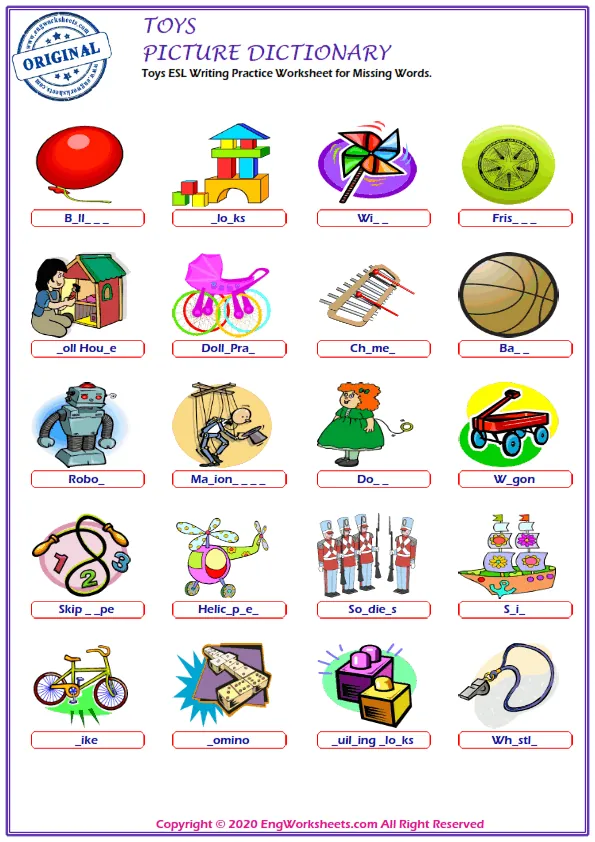 Toys ESL Writing Practice Worksheet for Missing Words. Worksheet Preview