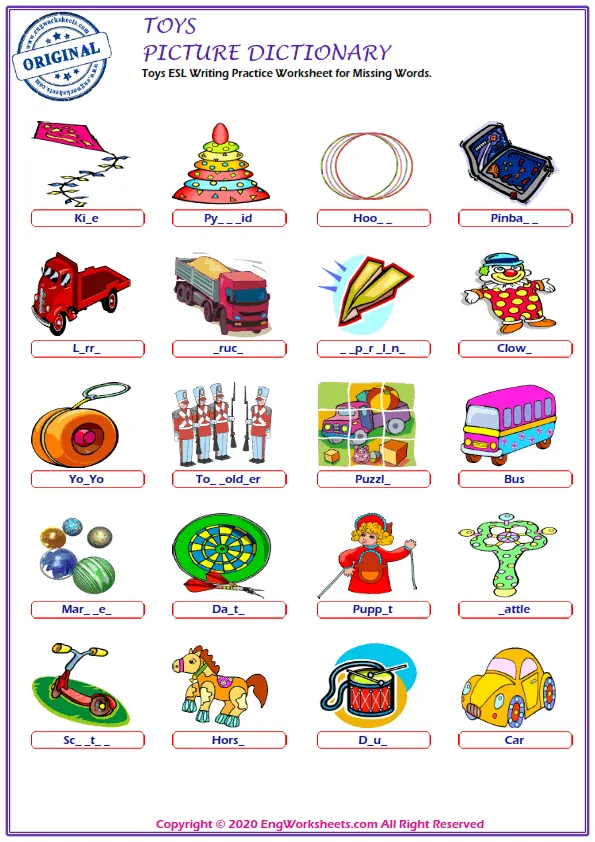 Toys ESL Writing Practice Worksheet for Missing Words. Worksheet Preview