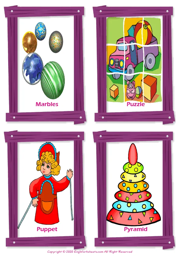 Toys vocabulary worksheet with words, four images per page Worksheet Preview