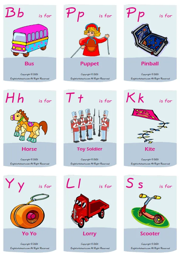Toys vocabulary worksheet with words, nine images per page