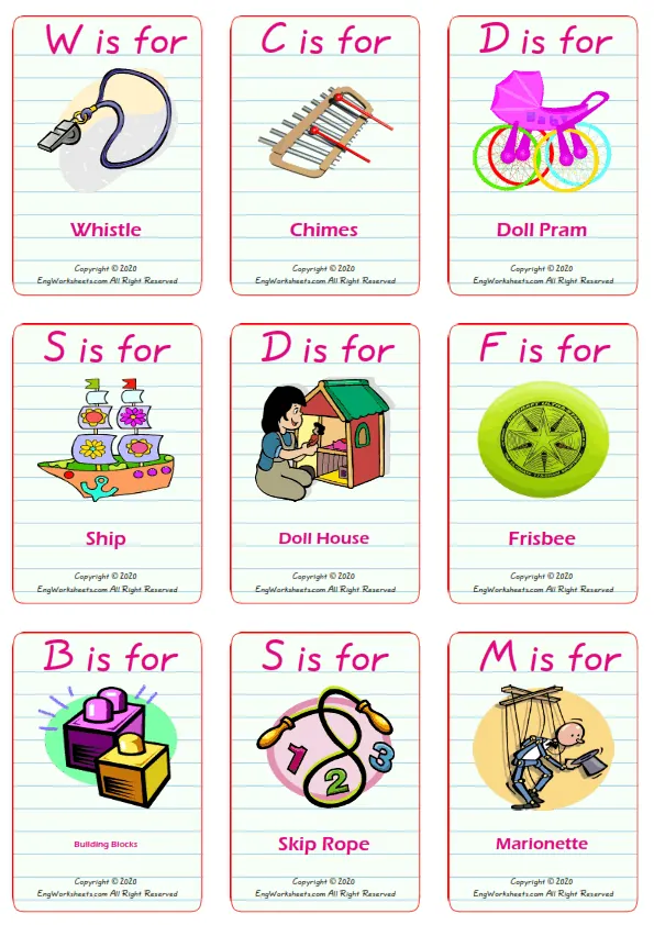 Toys vocabulary worksheet with words, nine images per page