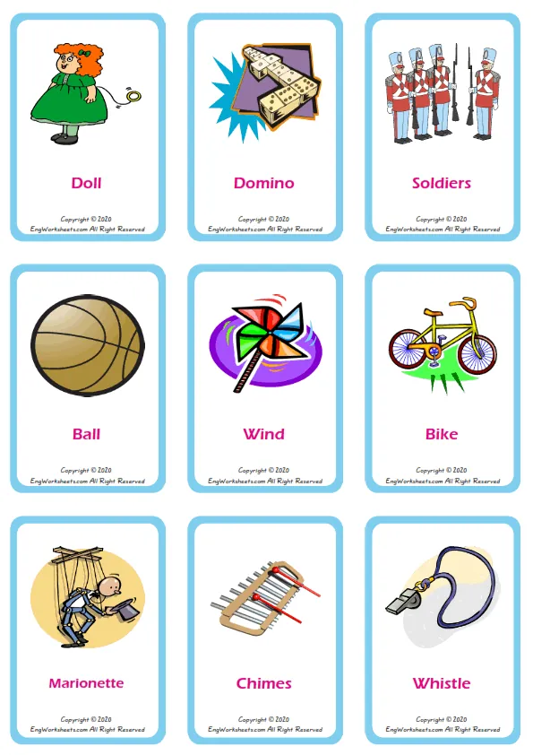 Toys vocabulary worksheet with words, nine images per page