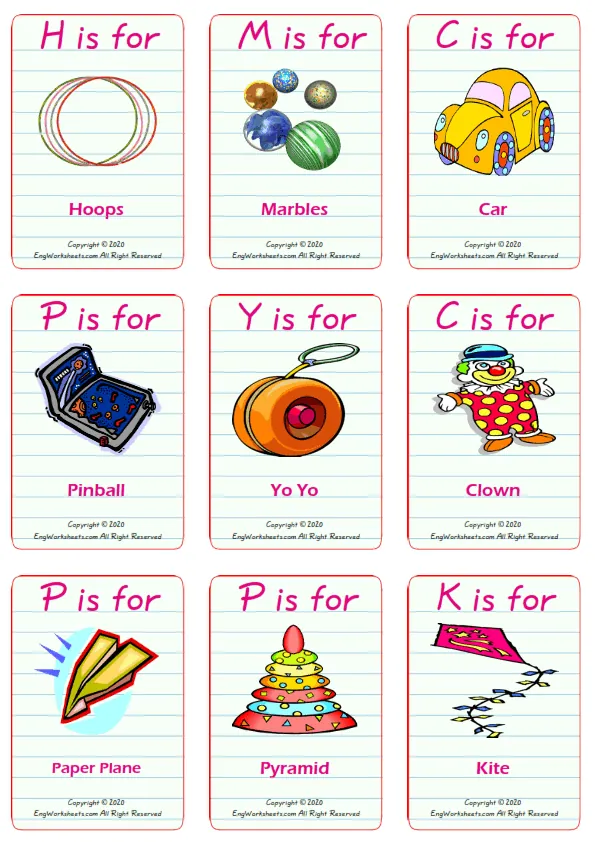 Toys vocabulary worksheet with words, nine images per page