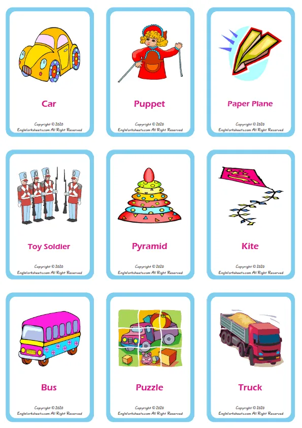 Toys vocabulary worksheet with words, nine images per page
