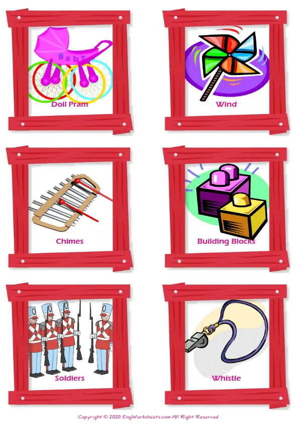 Toys vocabulary worksheet with words, six images per page Worksheet Preview