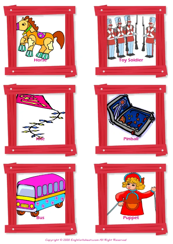 Toys vocabulary worksheet with words, six images per page