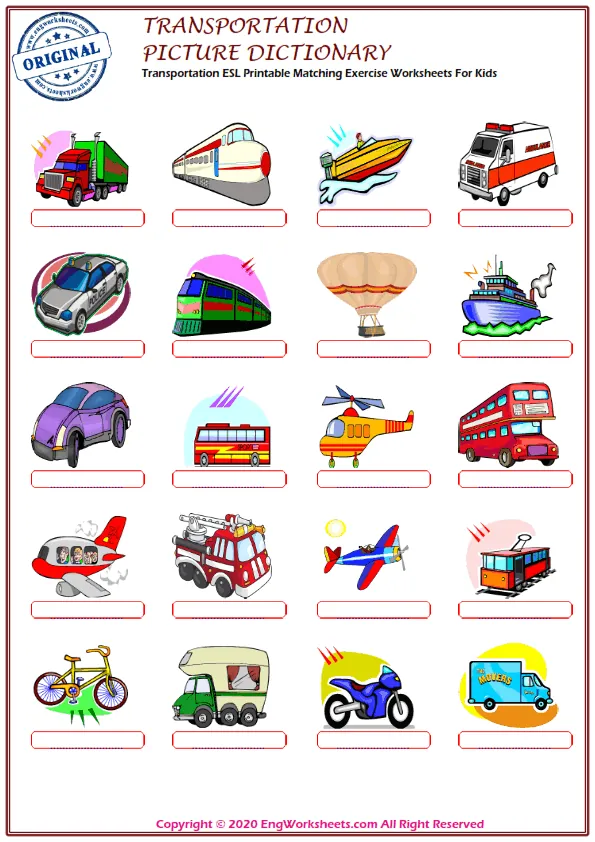 Transportation ESL Printable Matching Exercise Worksheets For Kids