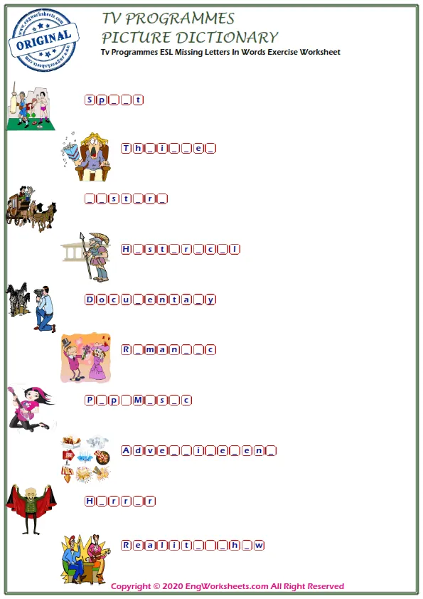 Tv Programmes ESL Missing Letters In Words Exercise Worksheet Worksheet Preview