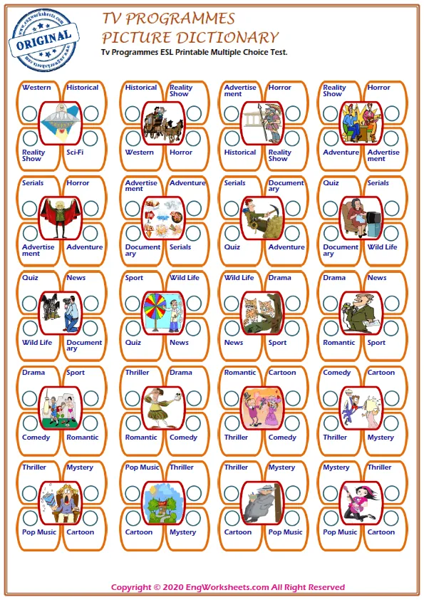 Tv Programmes ESL Printable Multiple Choice Test.