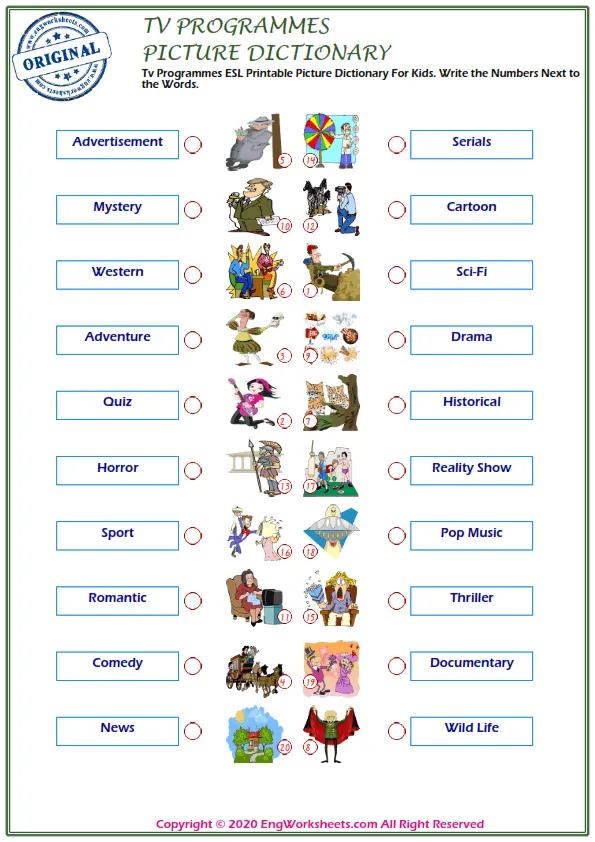 Tv Programmes ESL Printable Picture Dictionary For Kids. Write the Numbers Next to the Words. Worksheet Preview