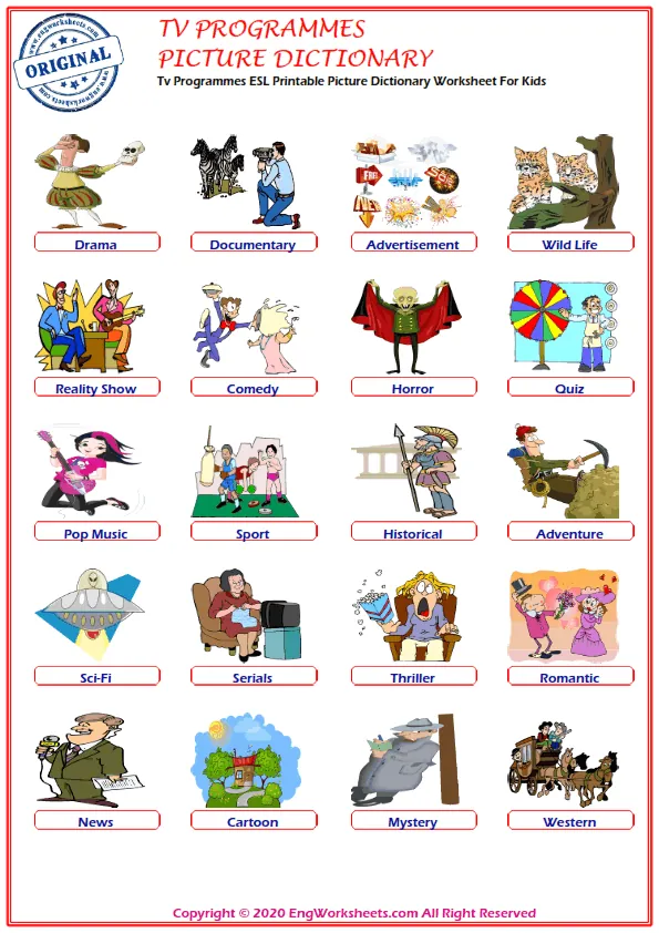 Tv Programmes ESL Printable Picture Dictionary Worksheet For Kids Worksheet Preview