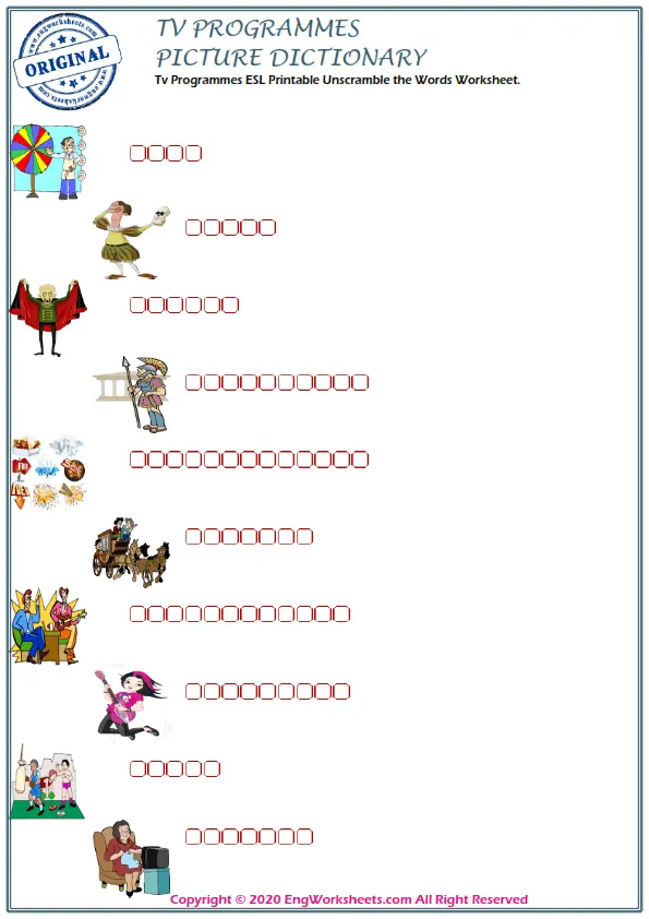 Tv Programmes ESL Printable Unscramble the Words Worksheet. Worksheet Preview