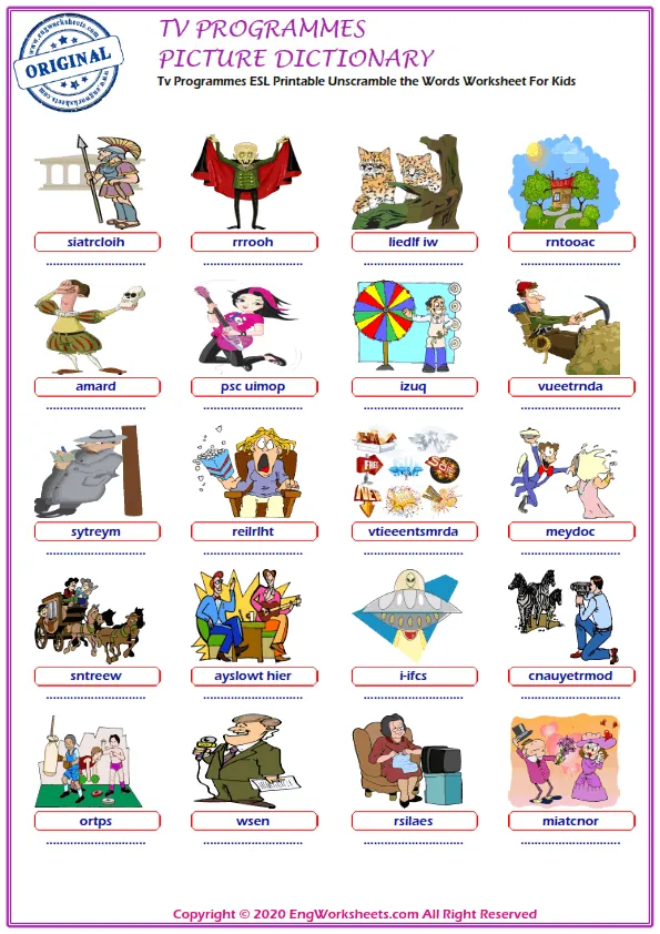 Tv Programmes ESL Printable Unscramble the Words Worksheet For Kids Worksheet Preview