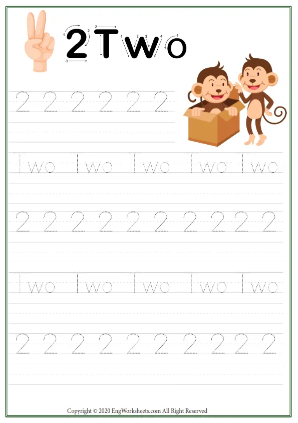Two 2 Number Tracing Worksheet With Animal Illustration