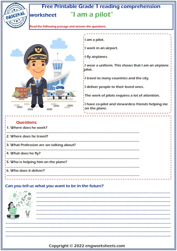 Reading Comprehension Worksheets - Grade 1 I Am A Pilot Reading Comprehension Worksheet.