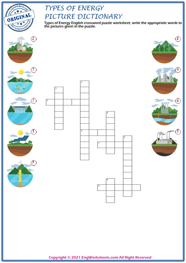 Types of Energy English crossword puzzle worksheet, write the appropriate words to the pictures given in the puzzle. Worksheet Preview