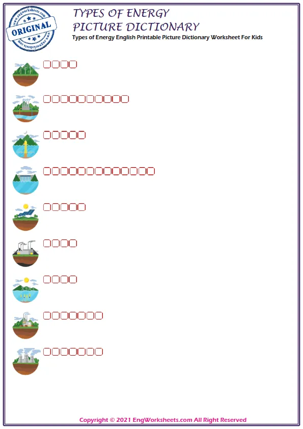 Types of Energy English Printable Picture Dictionary Worksheet For Kids