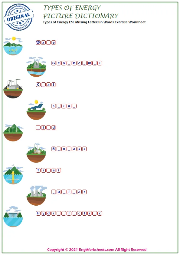 Types of Energy ESL Missing Letters In Words Exercise Worksheet Worksheet Preview