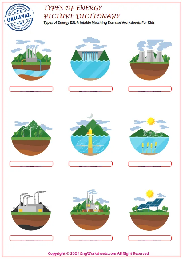 Types of Energy ESL Printable Matching Exercise Worksheets For Kids Worksheet Preview