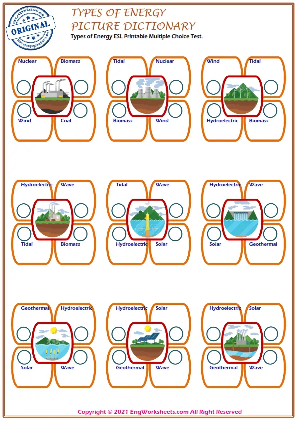 Types of Energy ESL Printable Multiple Choice Test. Worksheet Preview
