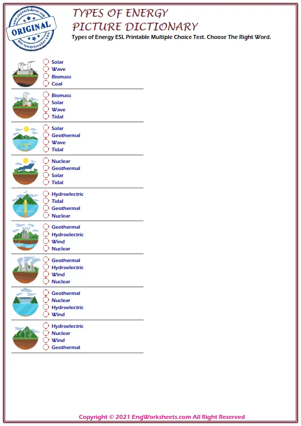 Types of Energy ESL Printable Multiple Choice Test. Choose The Right Word. Worksheet Preview
