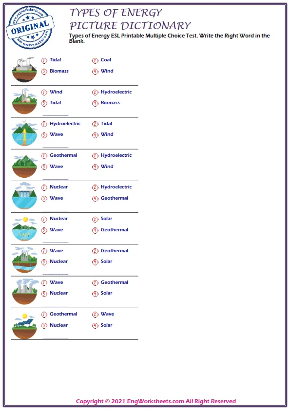 Types of Energy ESL Printable Multiple Choice Test. Write the Right Word in the Blank.