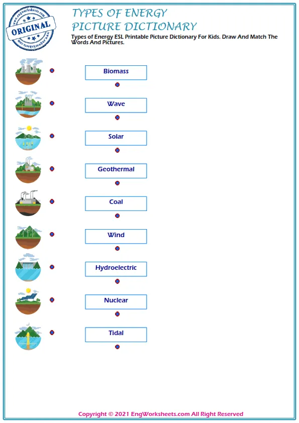 Types of Energy ESL Printable Picture Dictionary For Kids. Draw And Match The Words And Pictures. Worksheet Preview
