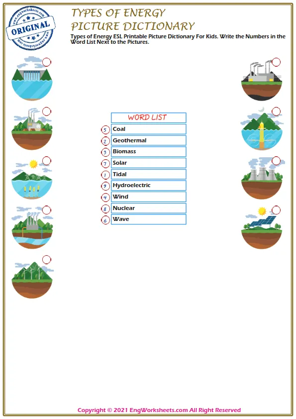 Types of Energy ESL Printable Picture Dictionary For Kids. Write the Numbers in the Word List Next to the Pictures. Worksheet Preview