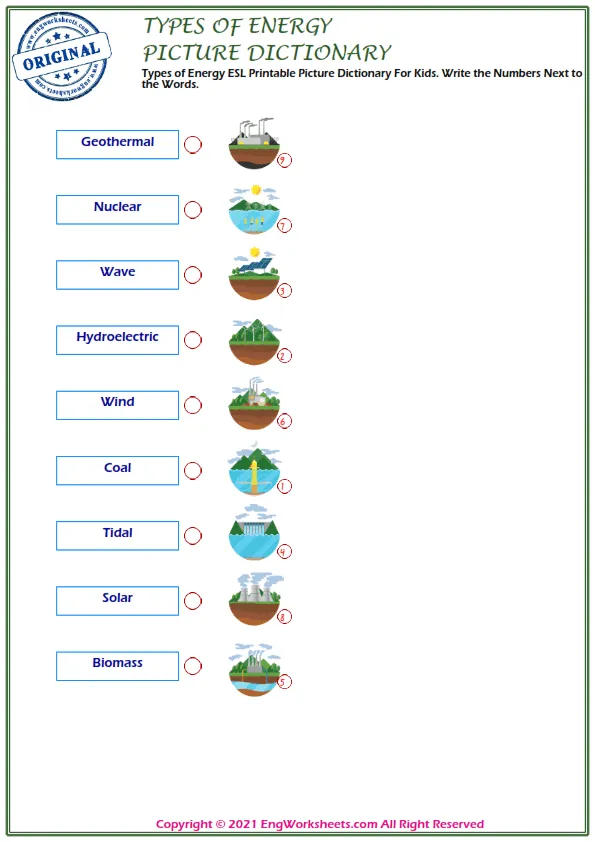Types of Energy ESL Printable Picture Dictionary For Kids. Write the Numbers Next to the Words. Worksheet Preview
