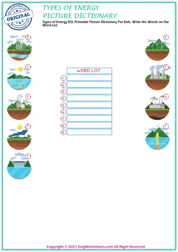 Types of Energy ESL Printable Picture Dictionary For Kids. Write the Words on the Word List. Worksheet Preview