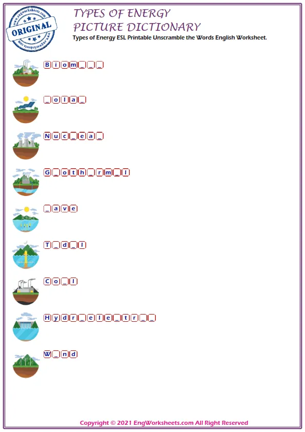 Types of Energy ESL Printable Unscramble the Words English Worksheet. Worksheet Preview