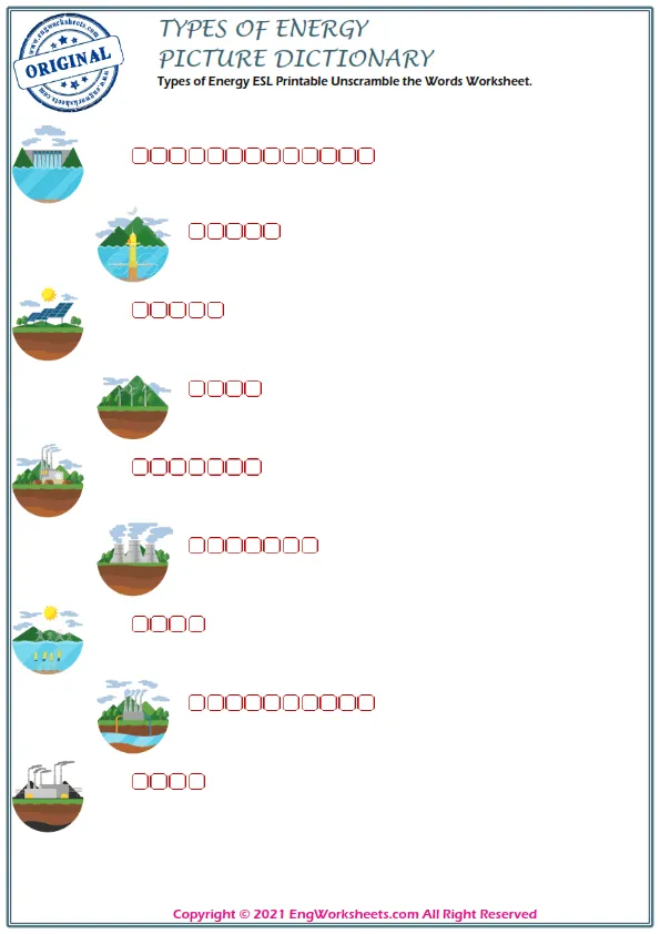 Types of Energy ESL Printable Unscramble the Words Worksheet. Worksheet Preview