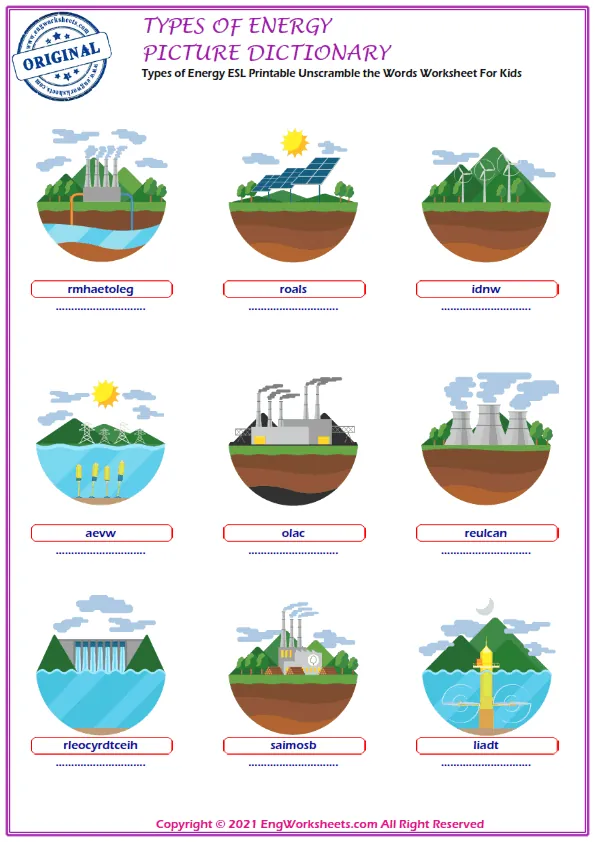 Types of Energy ESL Printable Unscramble the Words Worksheet For Kids Worksheet Preview