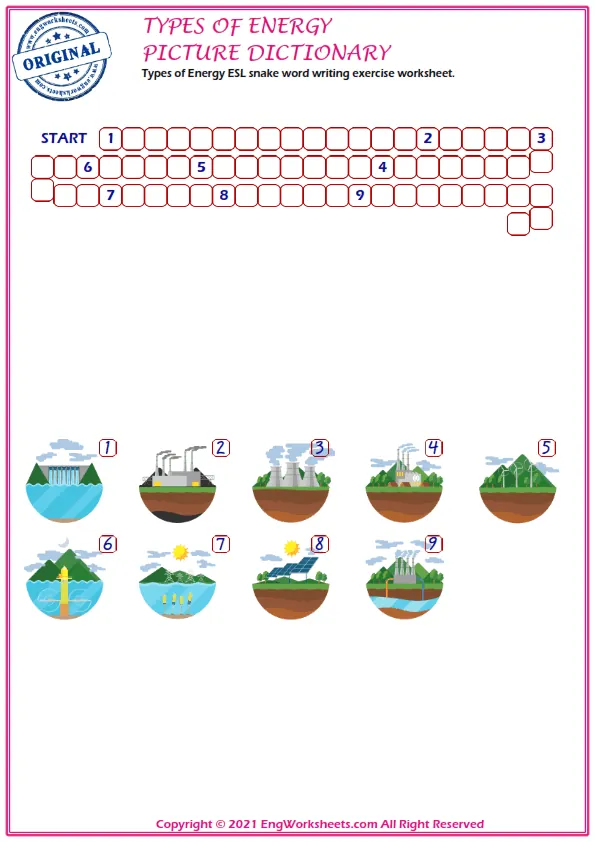 Types of Energy ESL snake word writing exercise worksheet. Worksheet Preview
