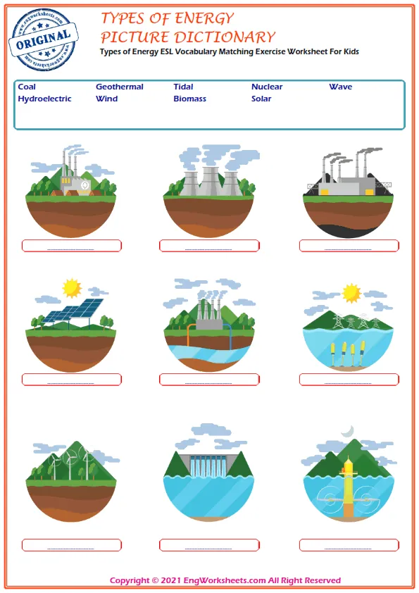 Types of Energy ESL Vocabulary Matching Exercise Worksheet For Kids Worksheet Preview