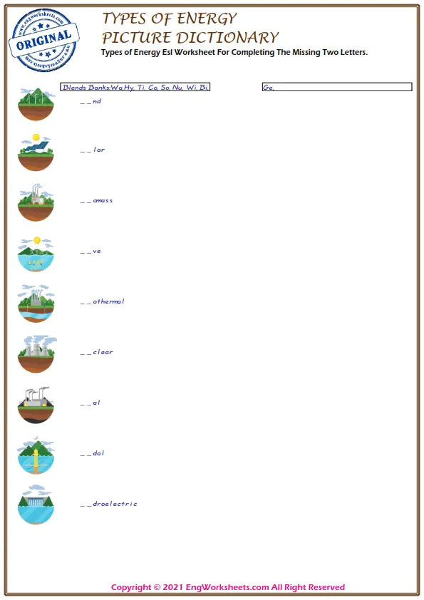 Types of Energy Esl Worksheet For Completing The Missing Two Letters. Worksheet Preview