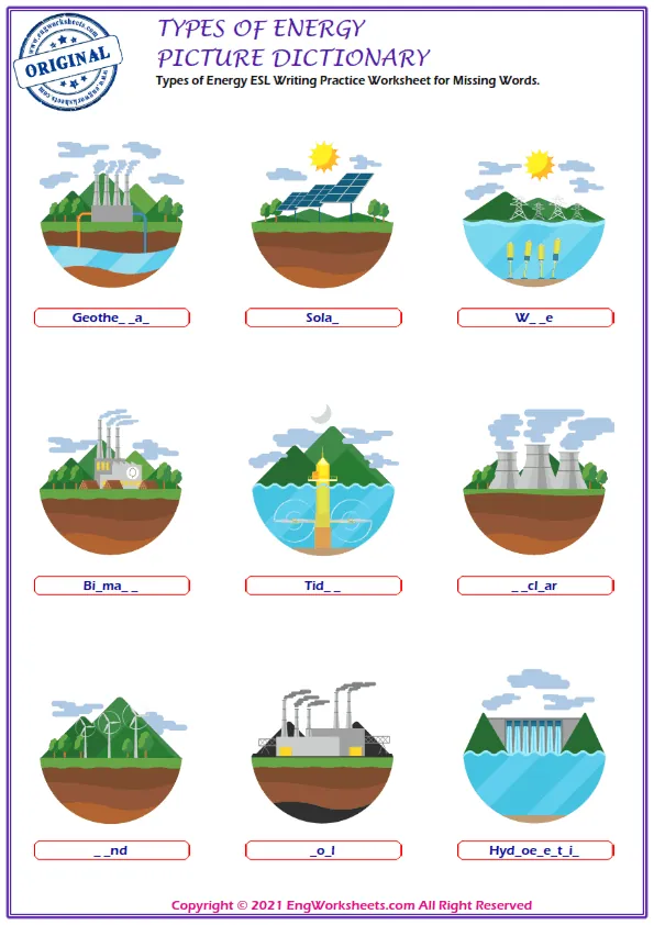 Types of Energy ESL Writing Practice Worksheet for Missing Words. Worksheet Preview