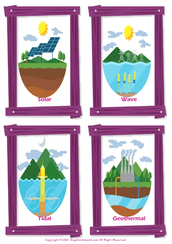 Types of Energy vocabulary worksheet with words, four images per page Worksheet Preview